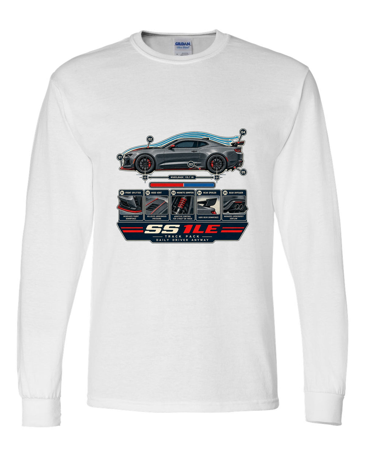 Airflow cutaway print of a 6th generation Chevrolet Camaro SS 1LE white long sleeve front view with the design