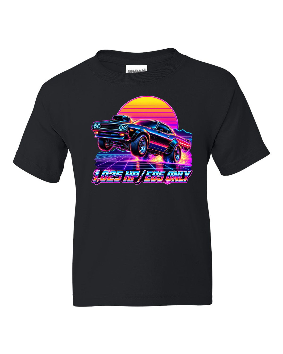 2023 Dodge Challenger Demon 170 synthwave neon outrun print with 1,025 HP E85 Only text black kids tee front view with the design
