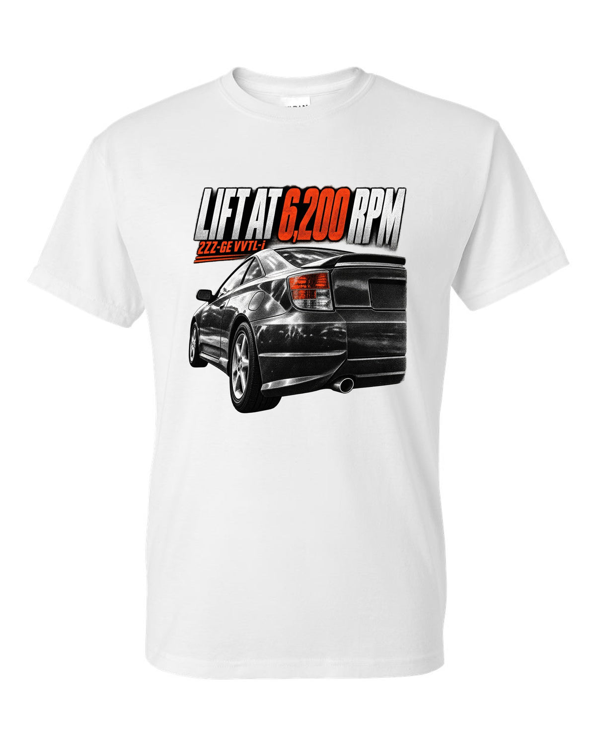 Taillight macro print of a Toyota Celica T230 ZZT231 with Lift At 6,200 RPM and 2ZZ-GE VVTL-i text white t-shirt front view with the design