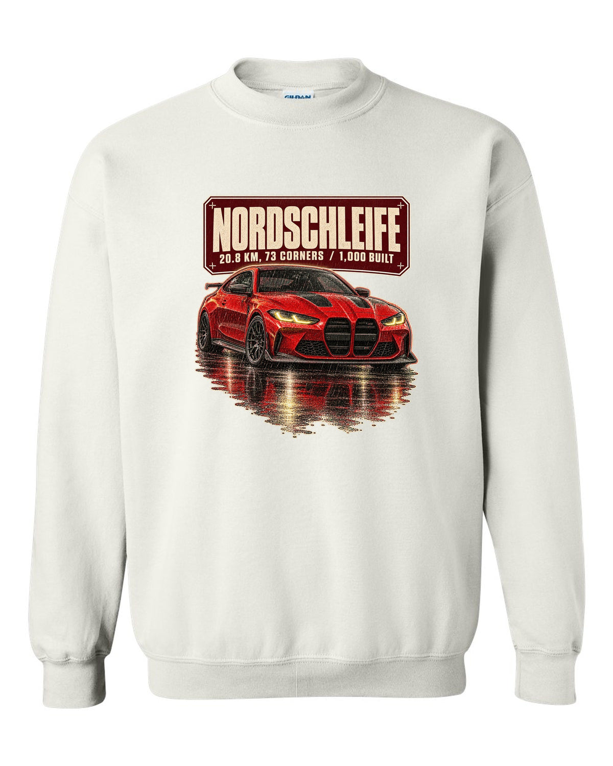 BMW M4 CSL G82 Nordschleife night scene print white crewneck front view with the design
