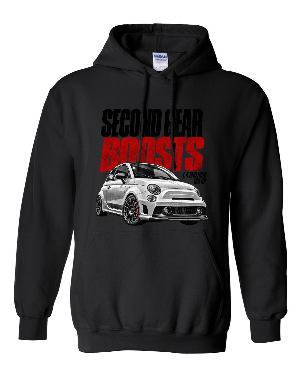 Halftone print of a Fiat 500 Abarth with 1.4 MultiAir and 160 HP text black pull over hoodie front view with the design