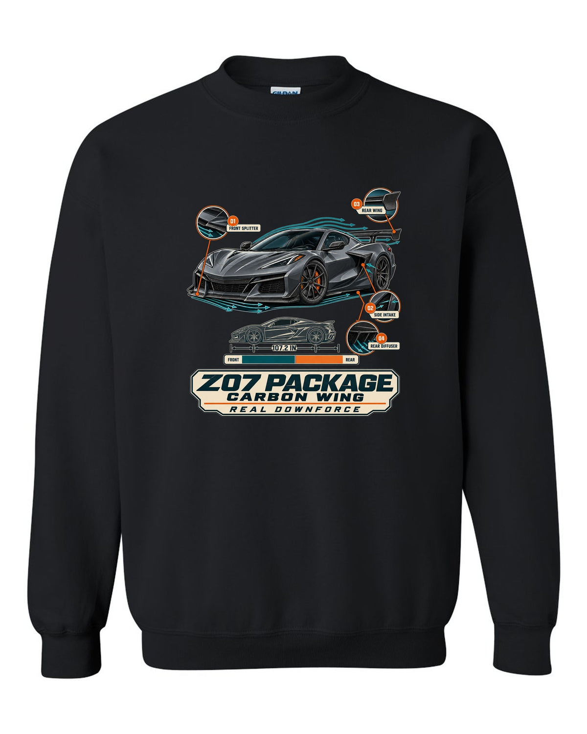 Aero callouts print of a Chevrolet Corvette C8 Z06 with Z07 package and carbon wing black crewneck front view with the design