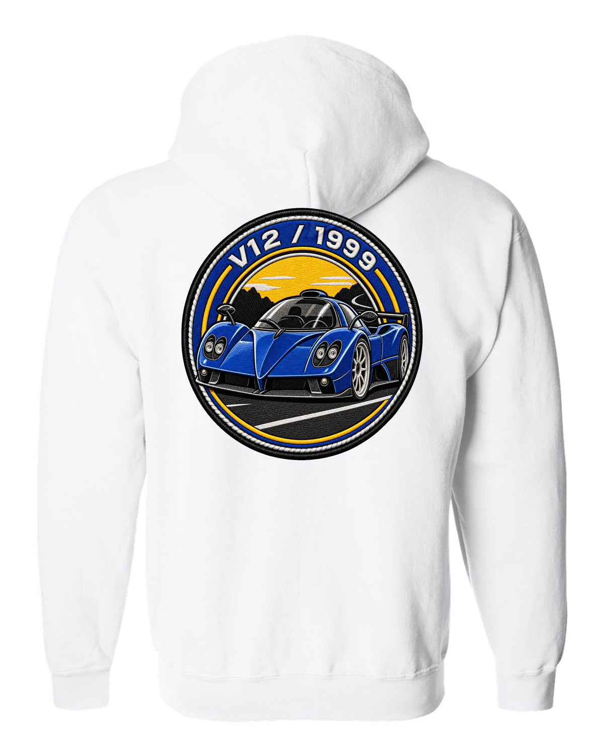 Varsity embroidery-style print for the 1999 Pagani Zonda C12 with V12 and 1999 lettering white zip hoodie back view with the design