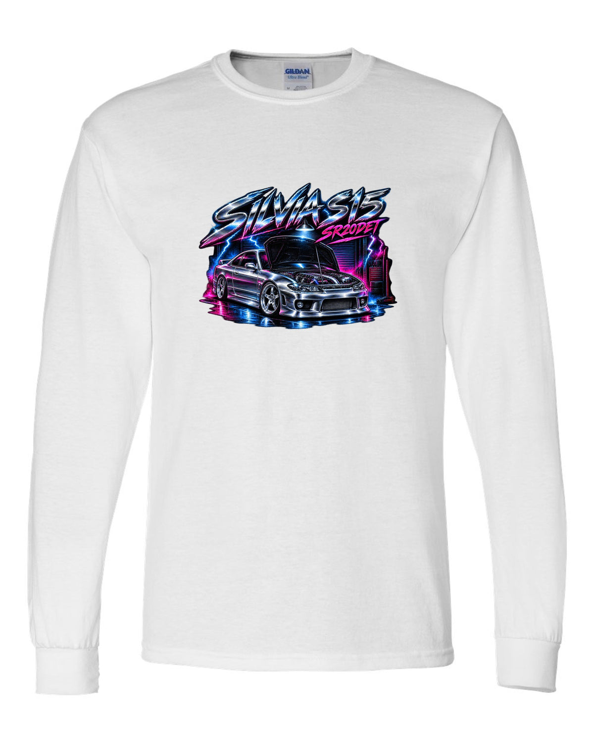 Airbrush chrome poster print of a Nissan Silvia S15 with SR20DET lettering white long sleeve front view with the design