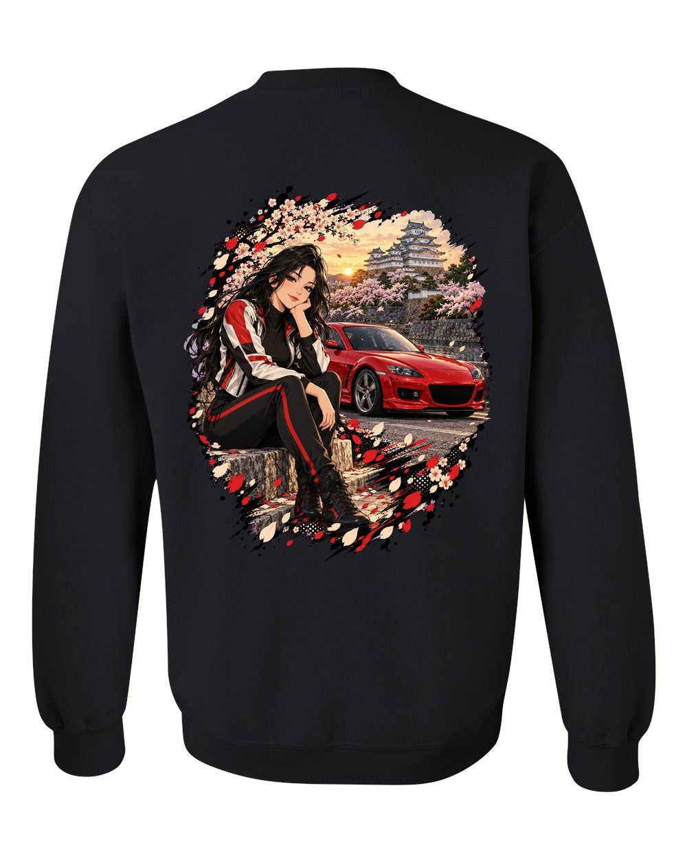 Mazda RX-8 Anime Girl Crewneck Black back