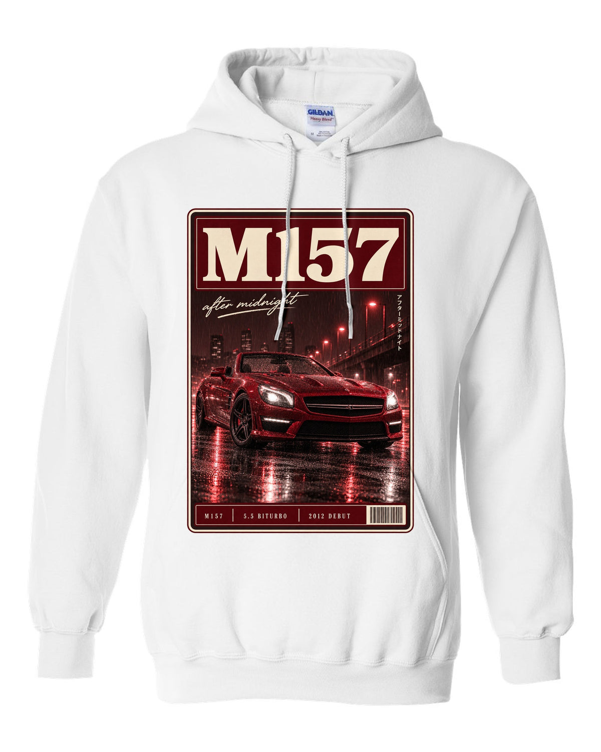 Mercedes-Benz SL63 R231 low front three-quarter night street scene in red monochrome white pull over hoodie front view with the design
