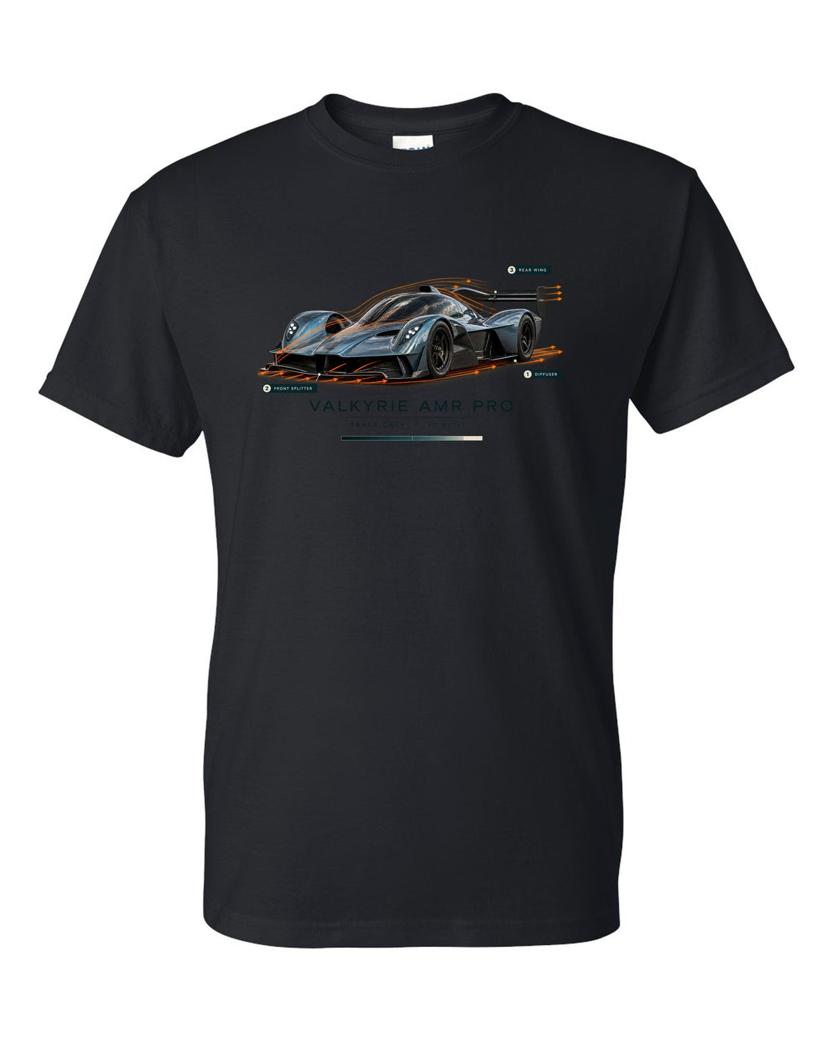 Aston Martin Valkyrie AMR Pro 2022 airflow cutaway print with track only 40 built text black t-shirt front view with the design