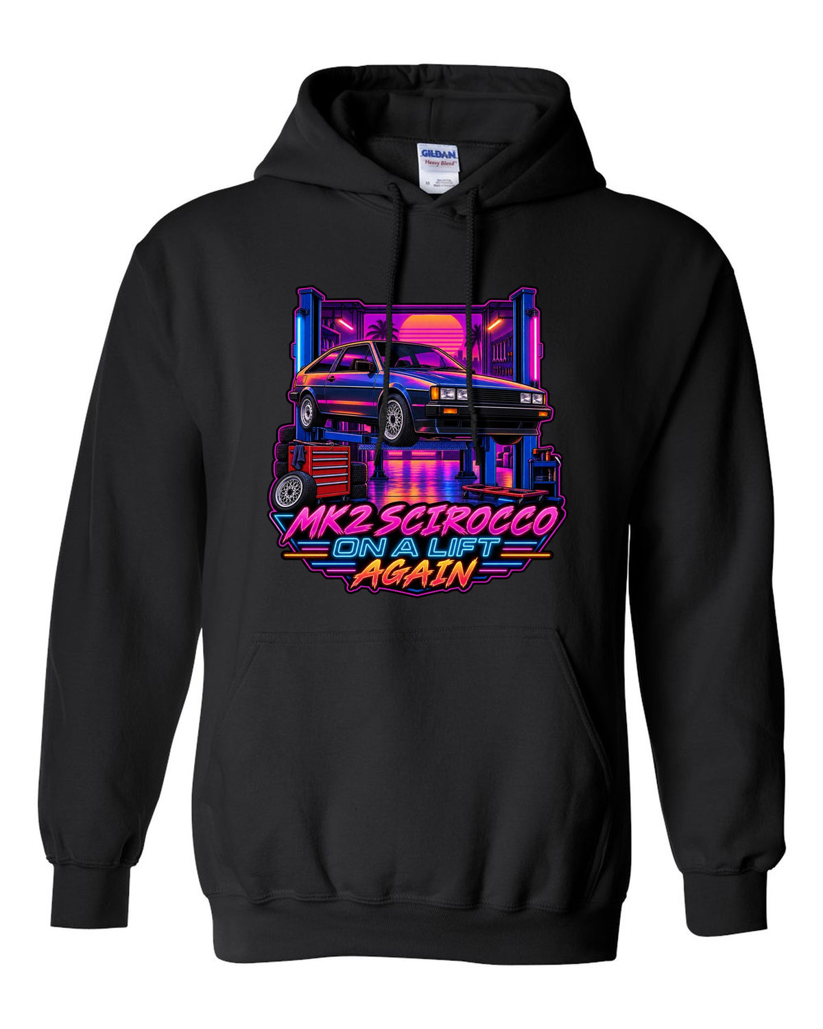 Synthwave outrun style VW Scirocco Mk2 with Mk2 Scirocco on a lift again text black pull over hoodie front view with the design
