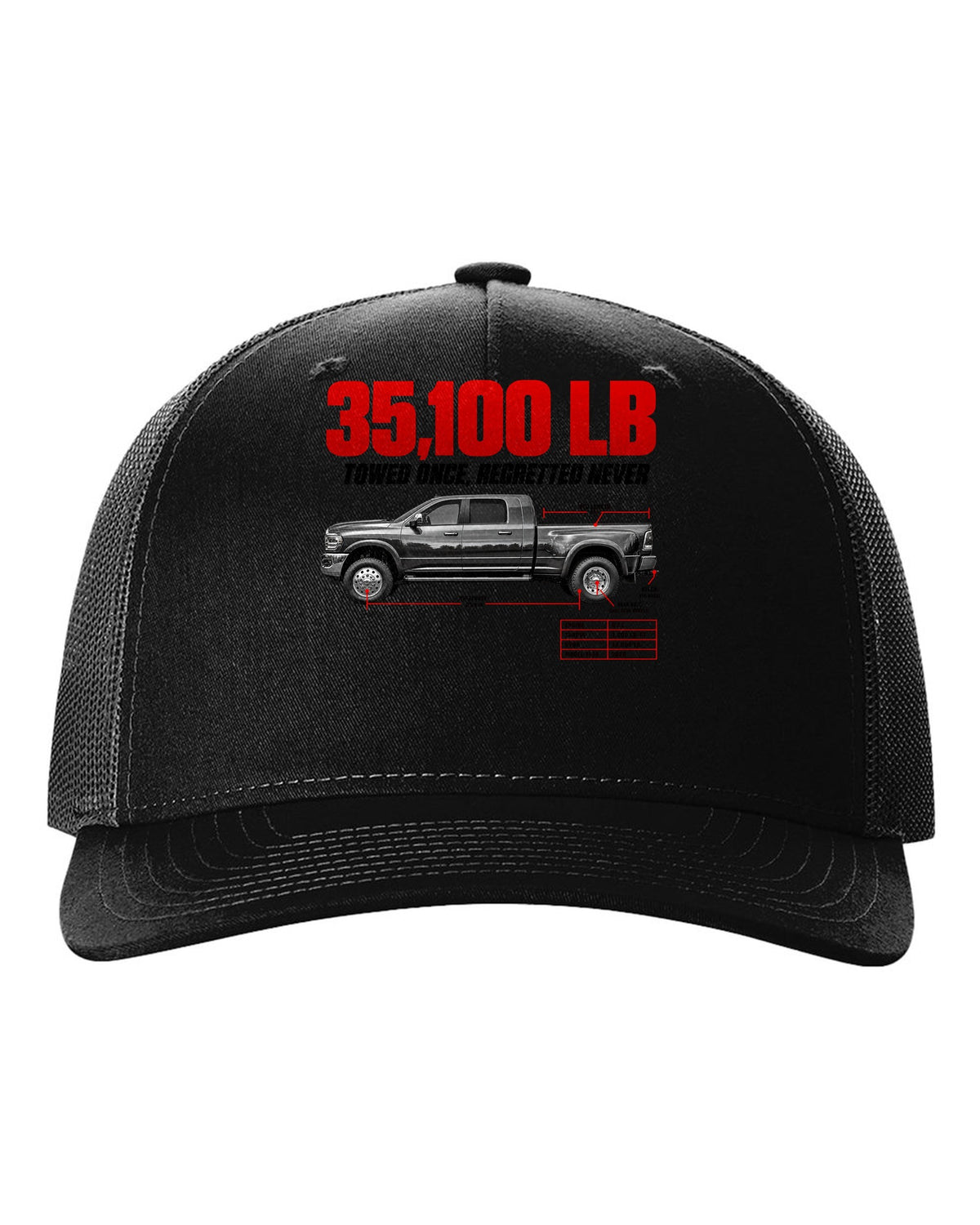 Ram 3500 5th Gen Side Profile Spec Poster Tee, 35,100 Lb black hat front view with the design