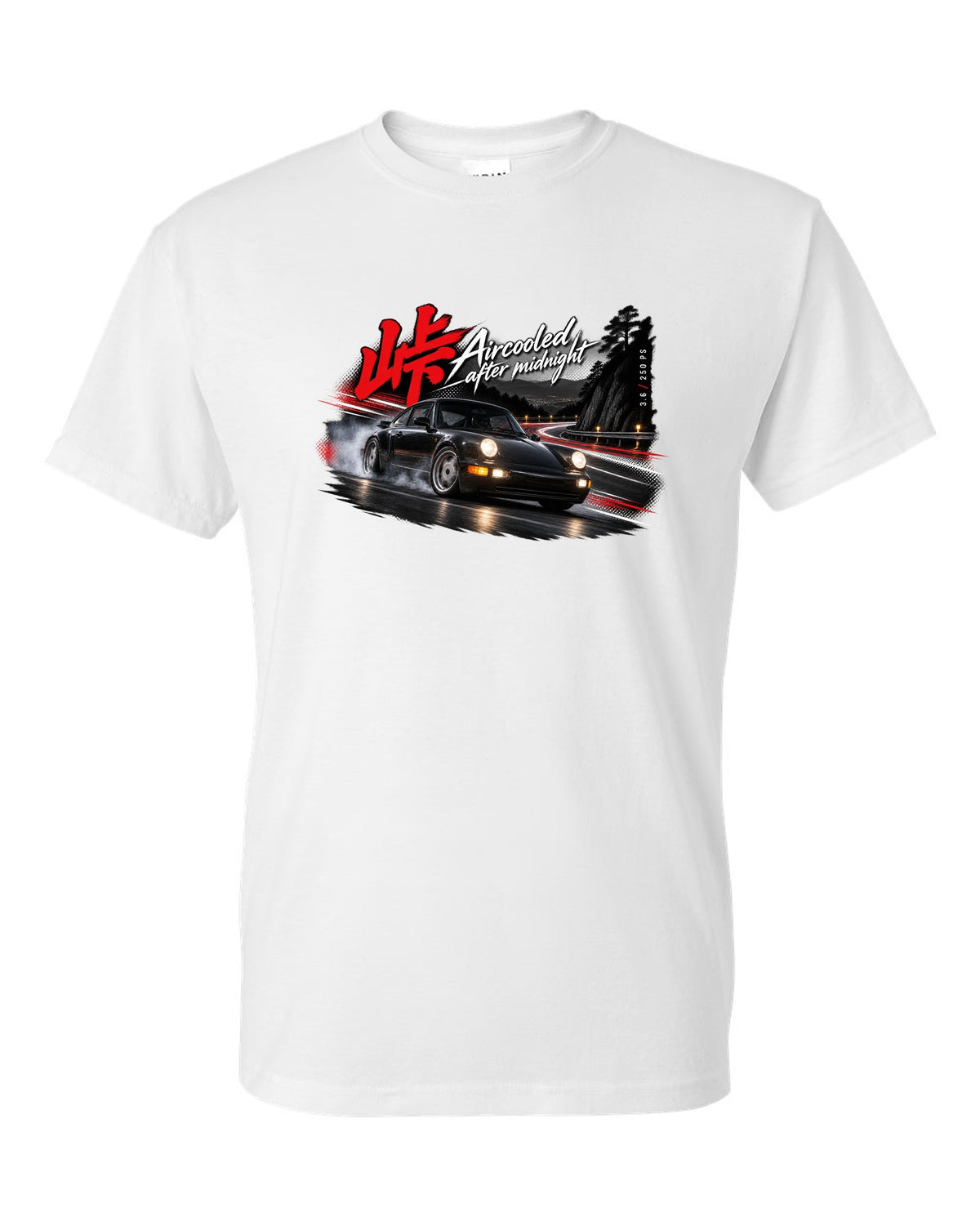 Touge night print of a Porsche 911 Carrera 2 (964) with the line Aircooled after midnight white t-shirt front view with the design