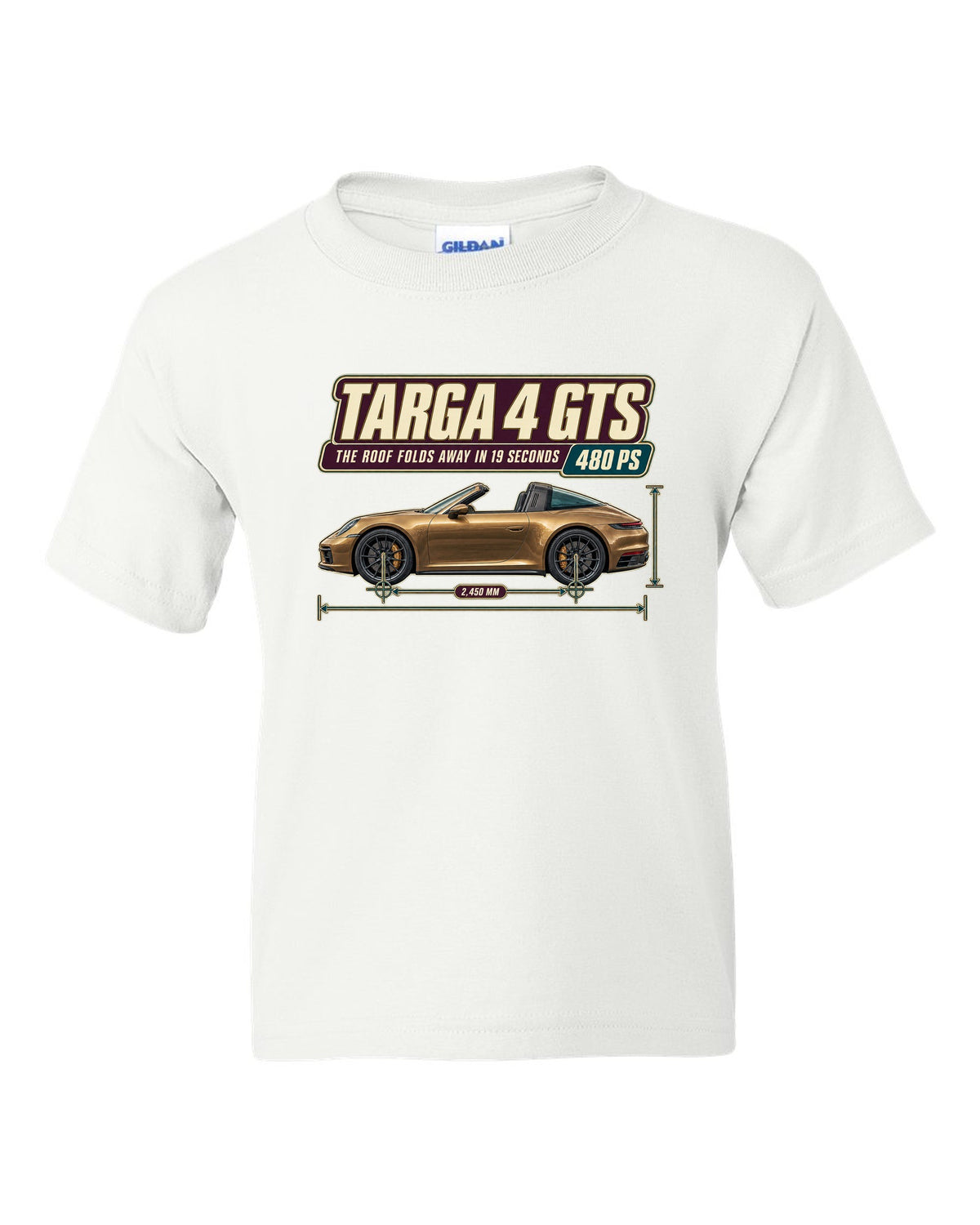 Editorial headline print of a Porsche 911 Targa 4 GTS 992 white kids tee front view with the design