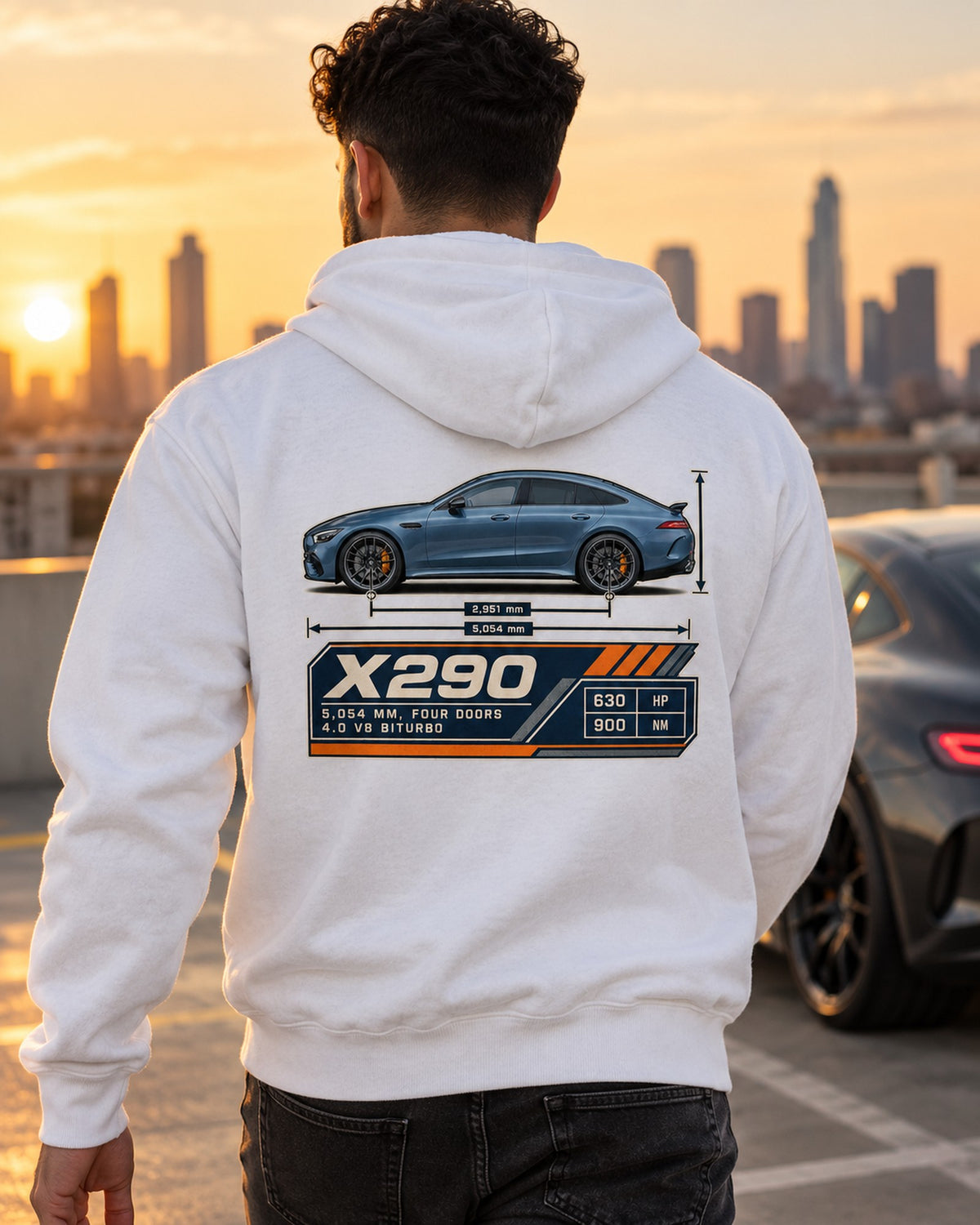 AMG GT 63 S 4-Door X290 Dimension Blueprint Tee, Steel Blue Zip Hoodie White worn hero