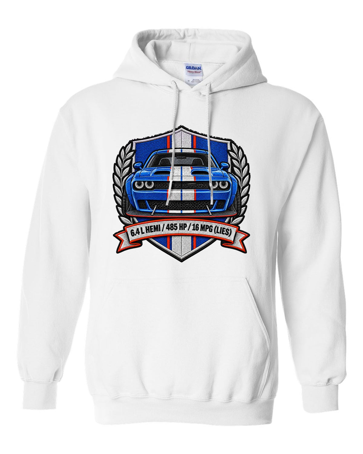 Embroidered shield patch design for a 2015 Dodge Challenger Scat Pack 392 Widebody with 6.4 L HEMI specs white pull over hoodie front view with the design