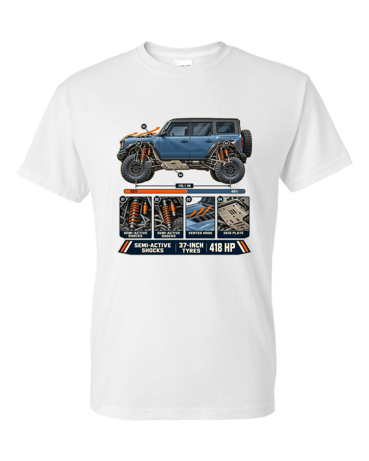 Ford Bronco Raptor suspension cutaway with callouts print white t-shirt front view with the design