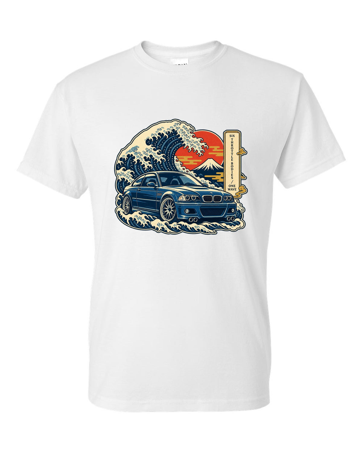 Ukiyo-e woodblock style print of a BMW E46 M3 coupe with six throttle bodies one wave text white t-shirt front view with the design