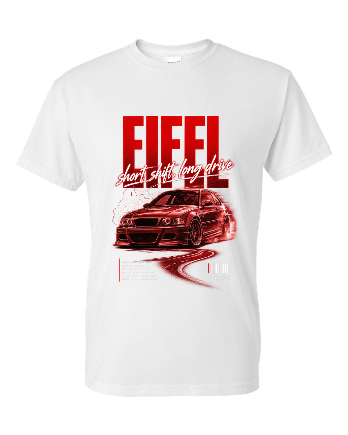 BMW E46 M3 coupe street poster print naming Eifel with short shift long drive text white t-shirt front view with the design