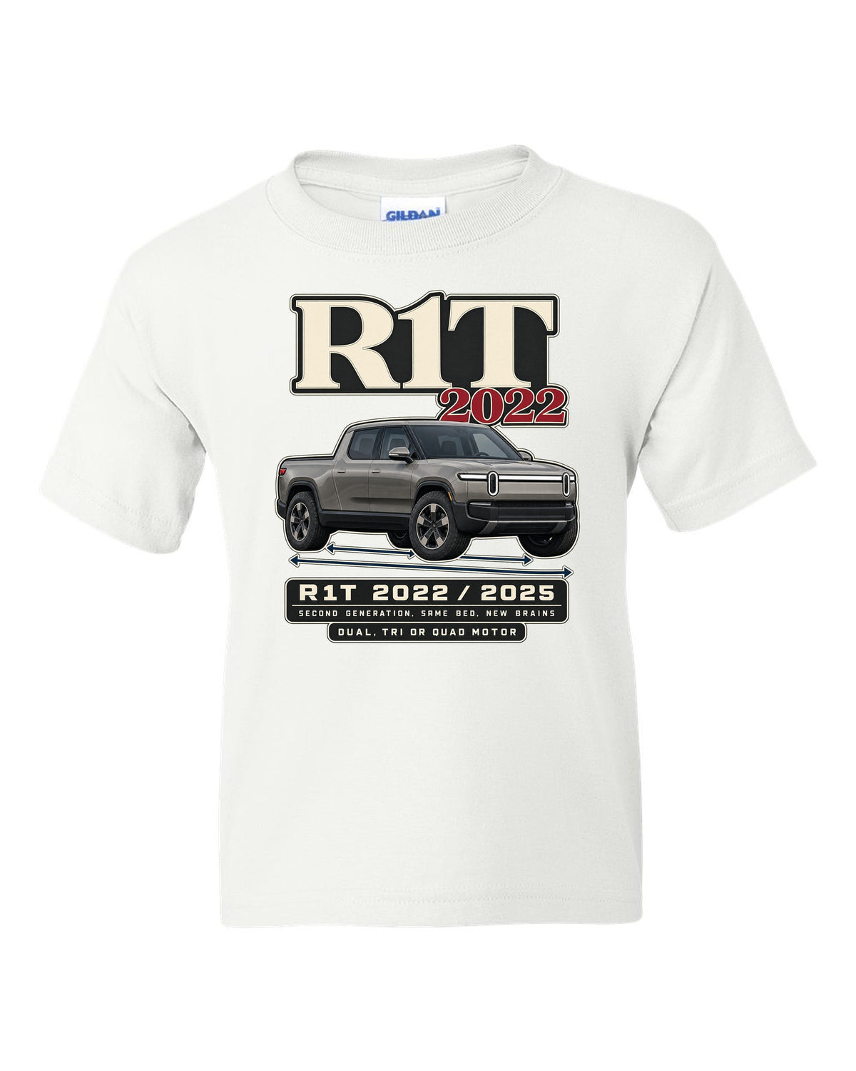 Archive panel print of a Rivian R1T Gen 2 with 2022 and 2025 model years white kids tee front view with the design