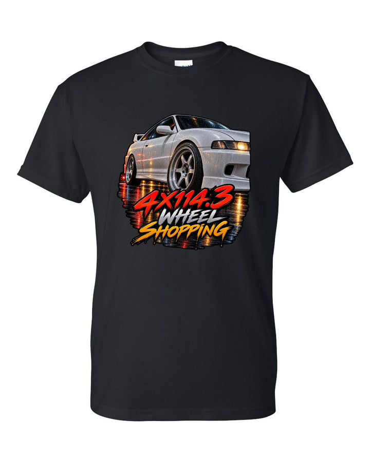 Cinematic macro painting print of a wet wheel on a 1995 Honda Integra DC2 coupe with 4x114.3 text black t-shirt front view with the design