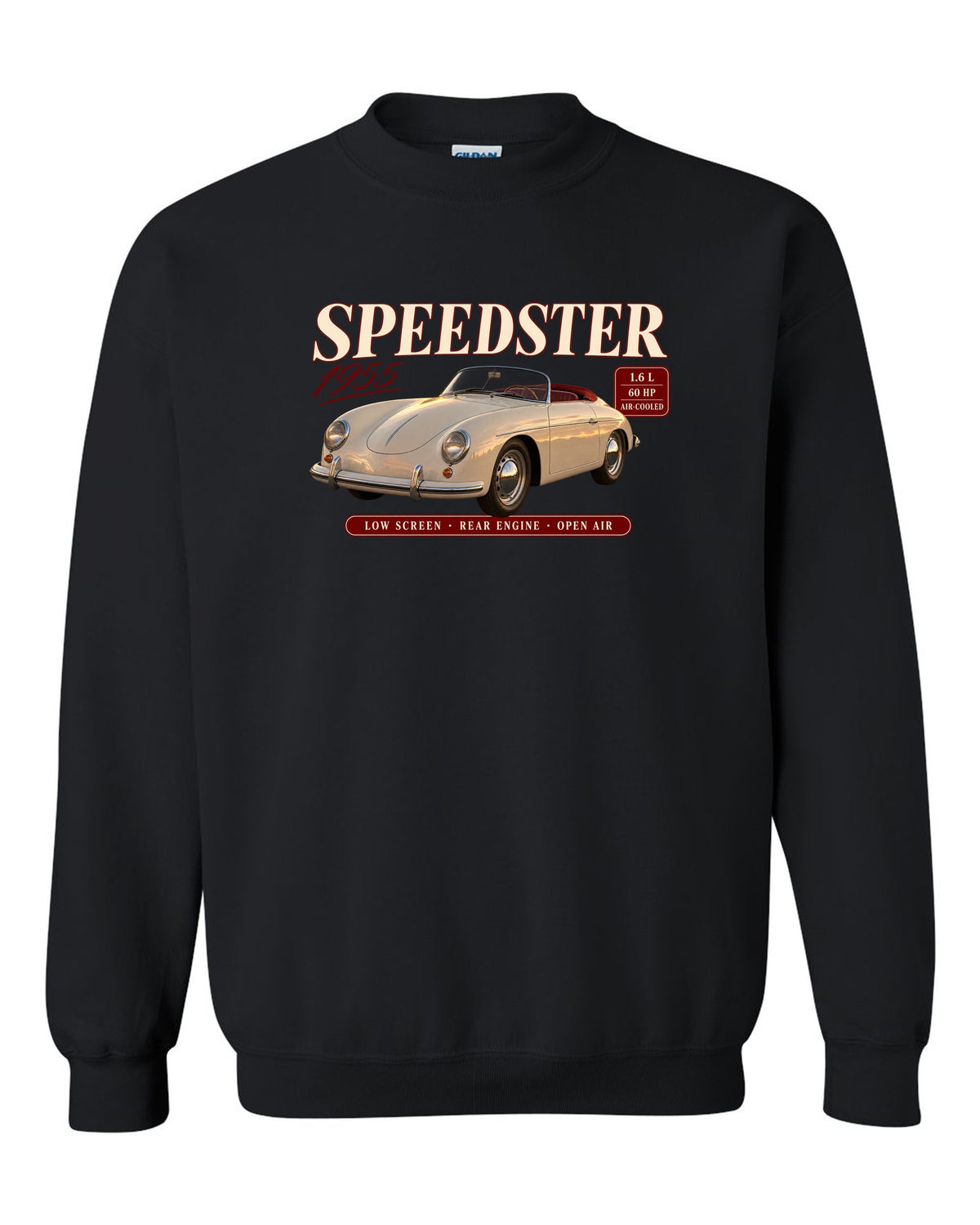 Archive spec panel print for the 1955 Porsche 356 Speedster with low screen and air-cooled specs black crewneck front view with the design