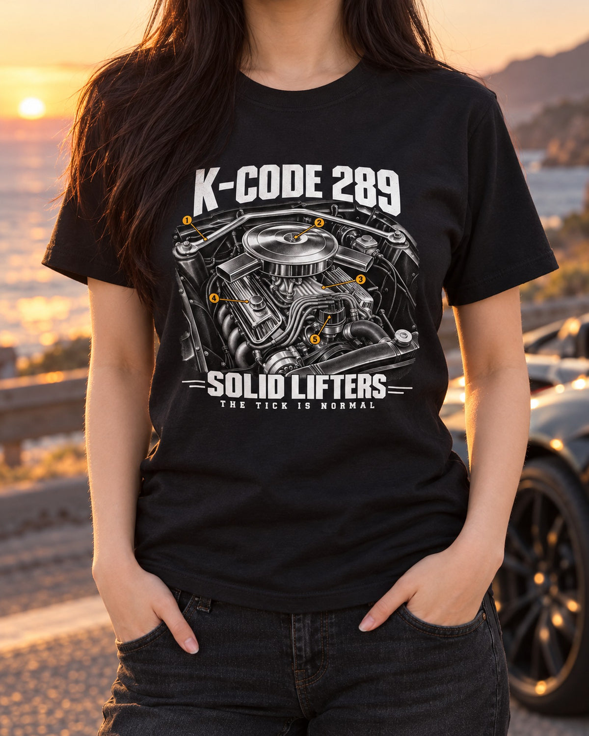 1965 Mustang K-Code 289 Engine Shirt, Solid Lifter Callouts T-Shirt Black worn hero