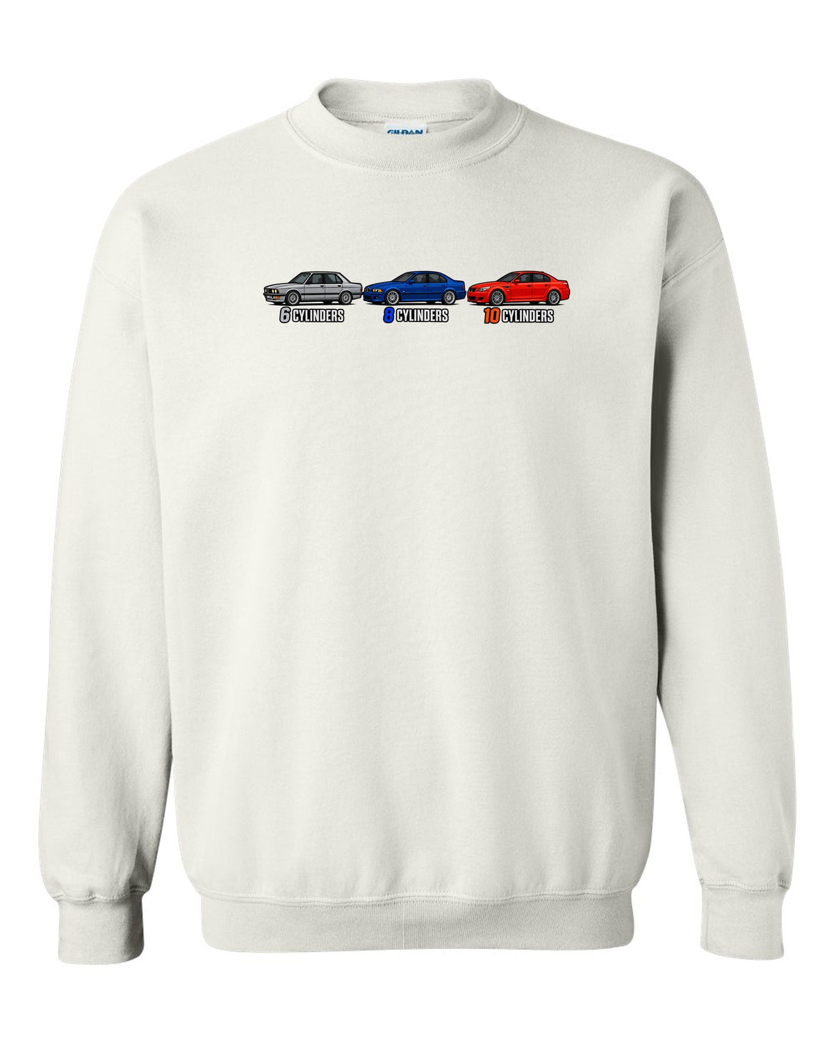 Generation lineup print of the BMW M5 E28, E39 and E60 with 6, 8 and 10 cylinders text white crewneck front view with the design