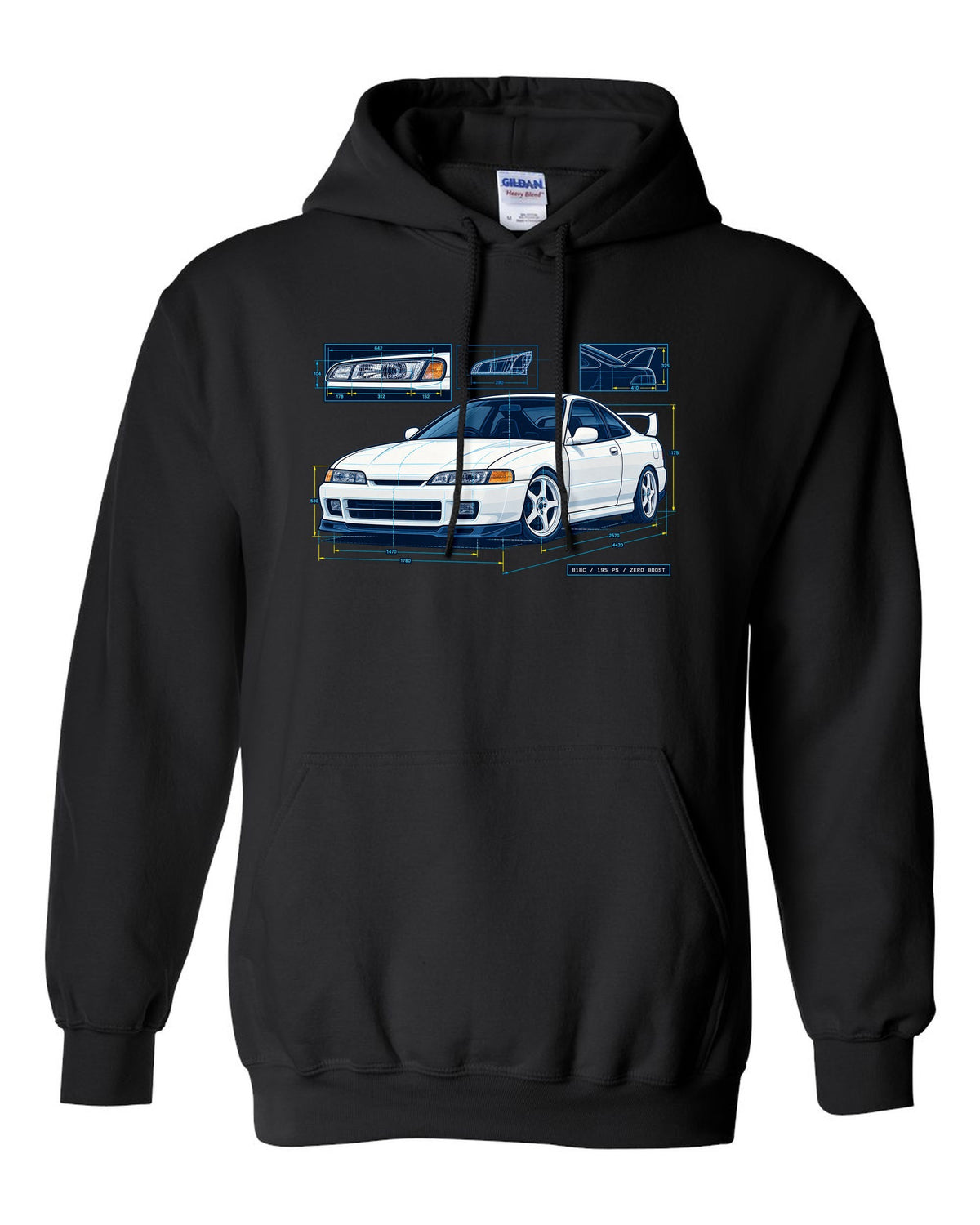 Blueprint line art of a 1995 Honda Integra DC2 headlight with B18C 195 PS Zero Boost lettering black pull over hoodie front view with the design