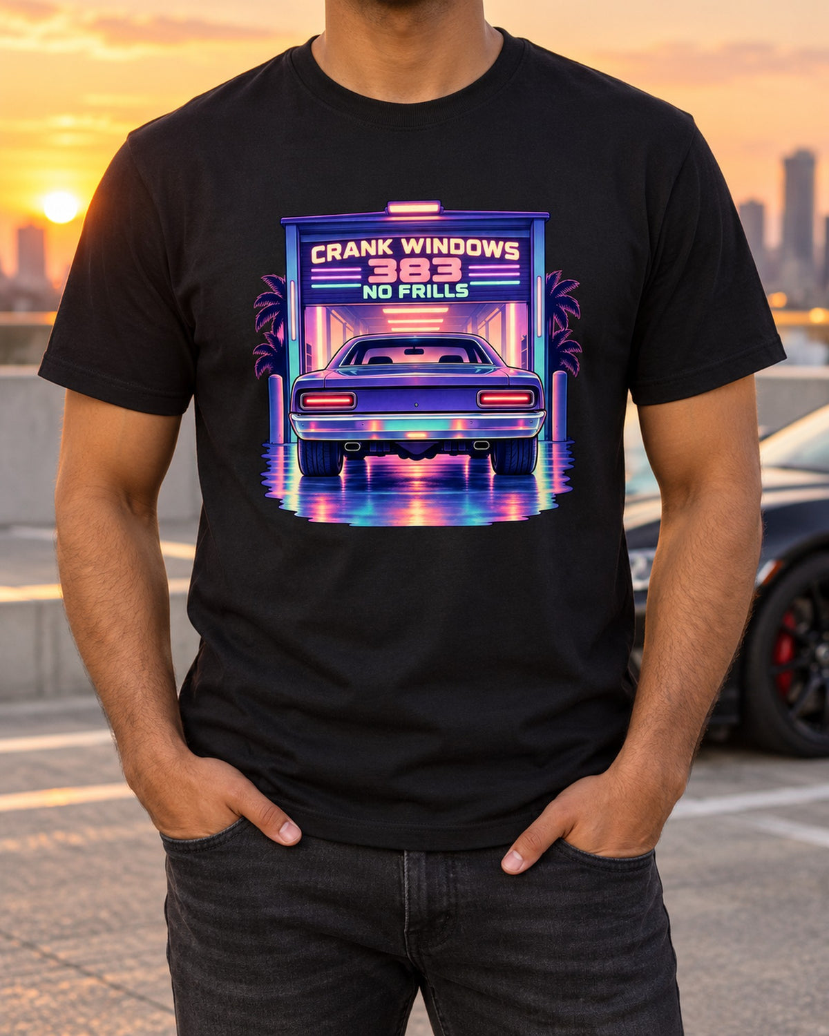 Plymouth Road Runner Vaporwave Garage Tee, Crank Windows T-Shirt Black worn hero