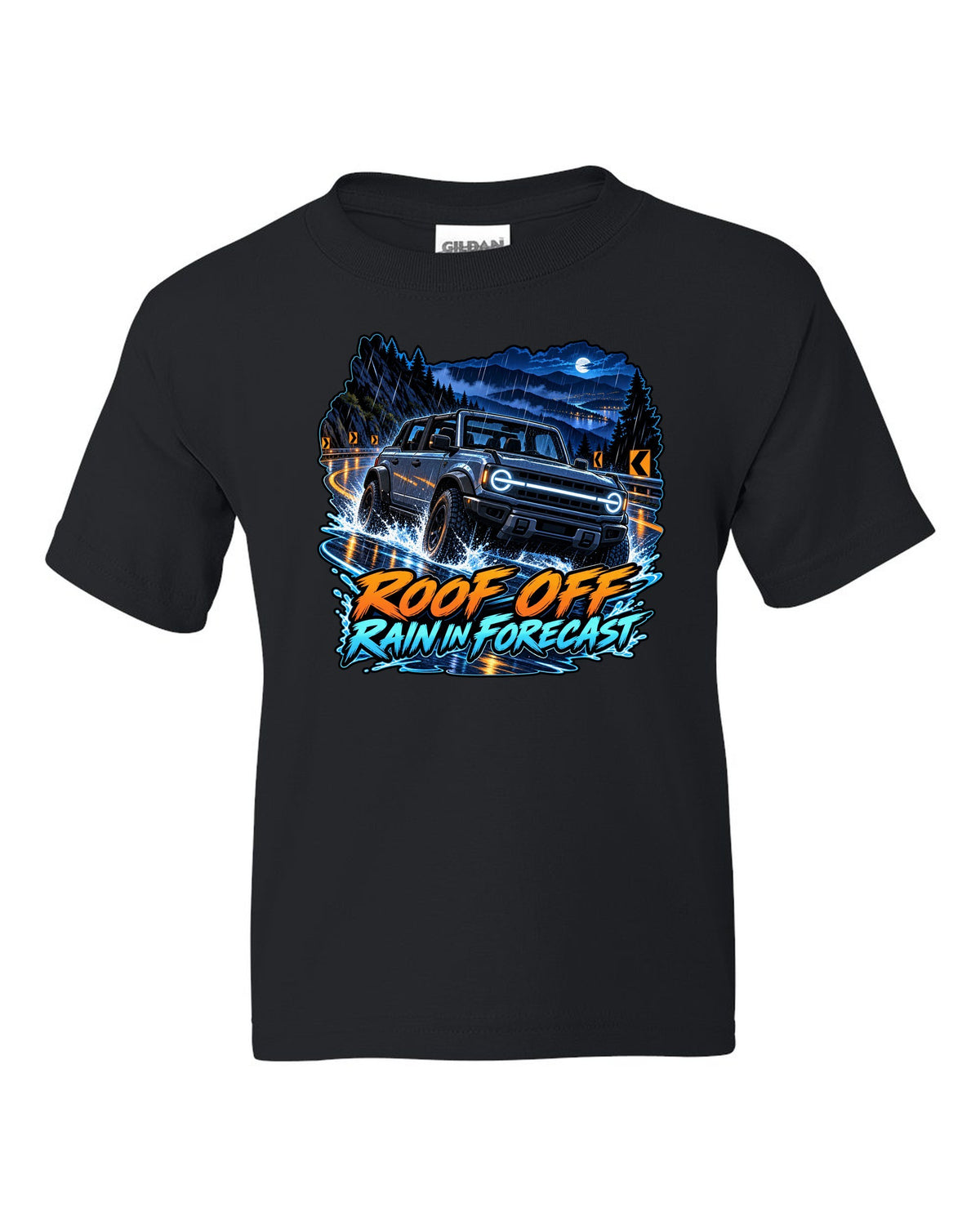 Cel-shaded anime night garage print of a 2021 Ford Bronco 4-door 6G with roof off black kids tee front view with the design