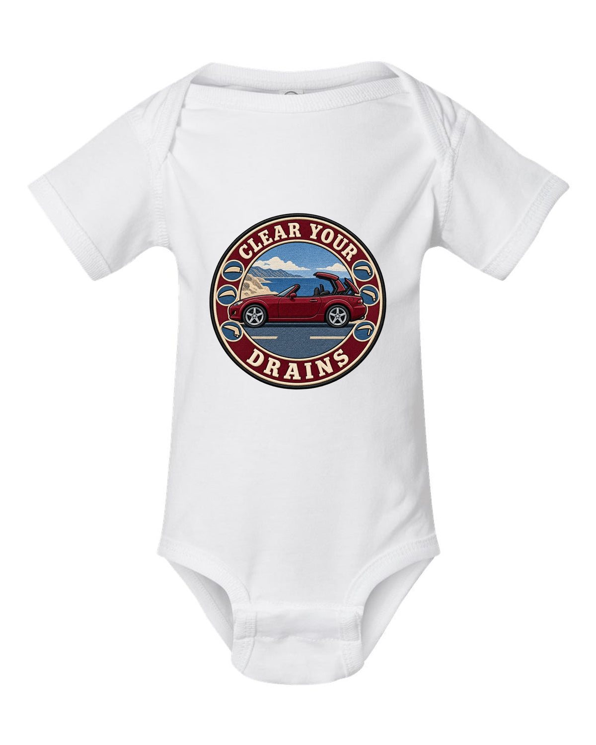 Embroidery-style roundel crest of a Mazda MX-5 NC with clear your drains text white baby onesie front view with the design