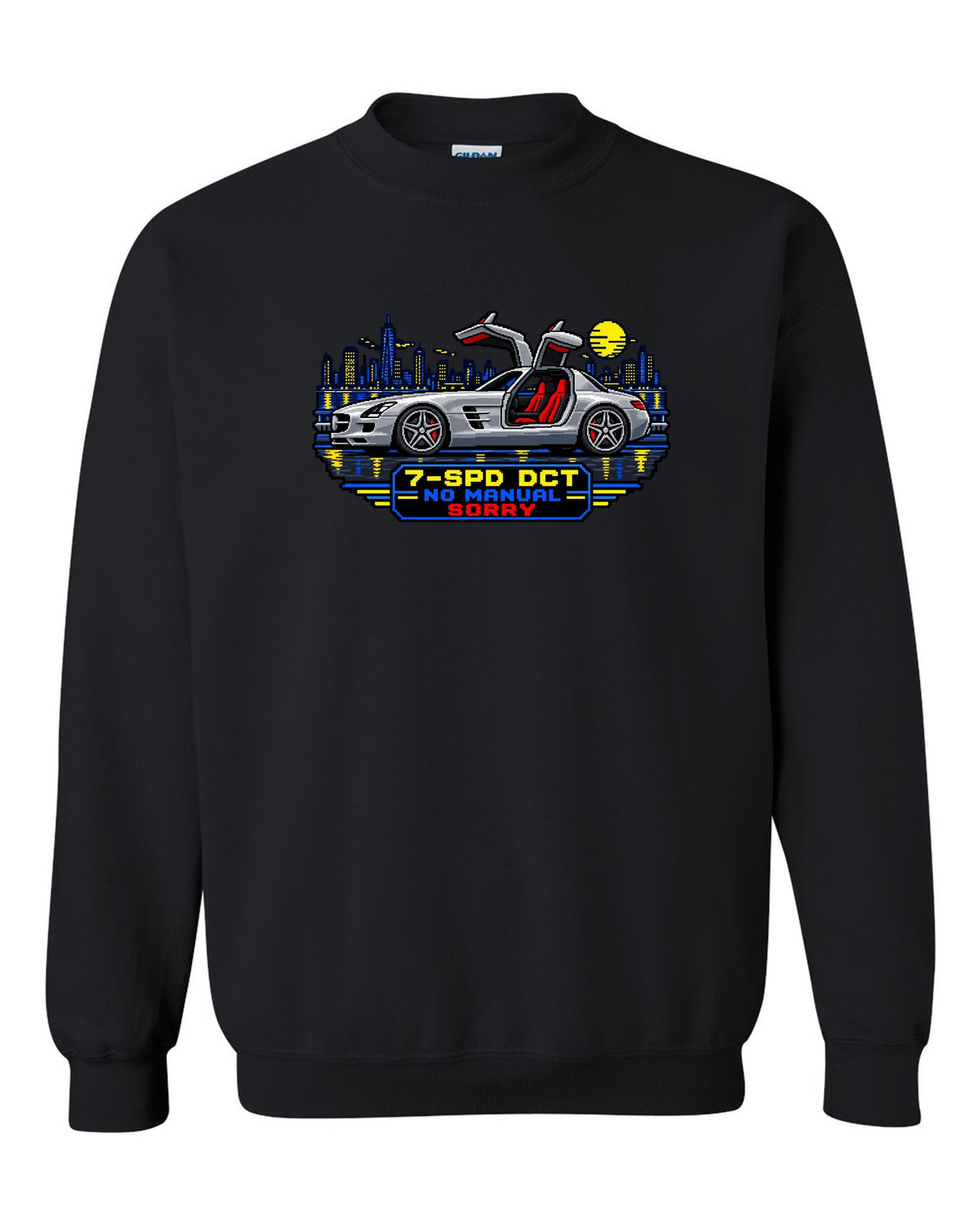 16-bit pixel art Mercedes SLS AMG C197 gullwing with 7-SPD DCT No Manual Sorry text black crewneck front view with the design