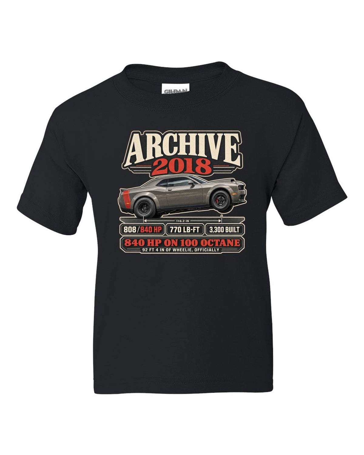 2018 Dodge Challenger SRT Demon archive panel print with 840 HP and wheelie record black kids tee front view with the design