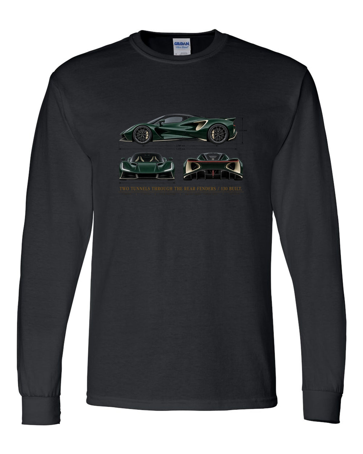Lotus Evija three-view spec sheet print with two tunnels through the rear fenders and 130 built text black long sleeve front view with the design