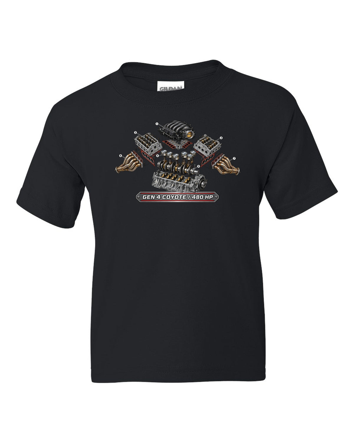 Isometric exploded cutaway engine print of a 2024 S650 Mustang 5.0 Gen 4 Coyote V8 black kids tee front view with the design