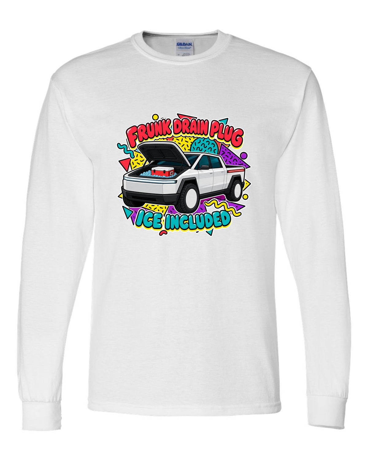 Ford F-150 Lightning retro sticker sheet print about the frunk drain plug and ice white long sleeve front view with the design