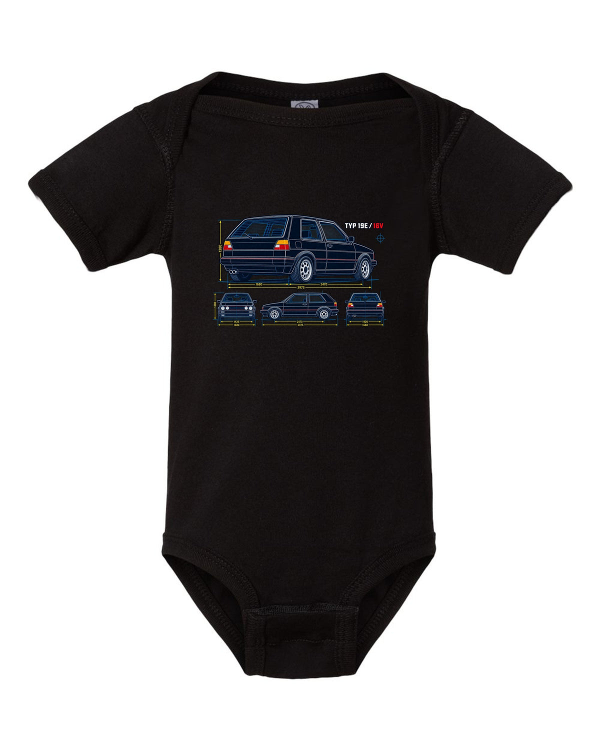 Blueprint line art print of a VW Golf Mk2 GTI 16V with Typ 19E text black baby onesie front view with the design