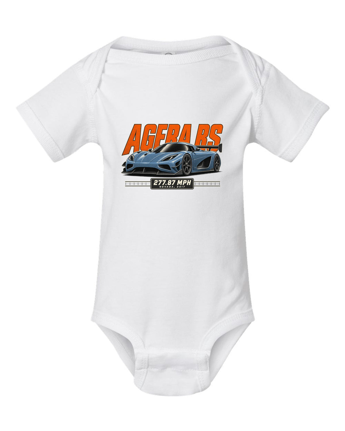 Halftone print of the Koenigsegg Agera RS with the text 277.87 mph, Nevada, 2017 white baby onesie front view with the design
