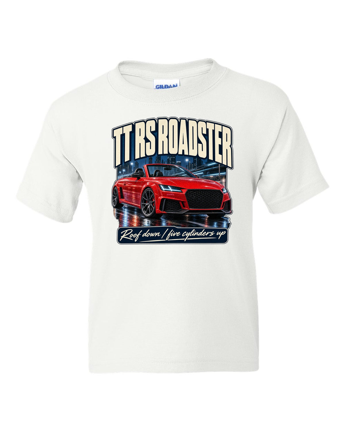 Audi TT RS Roadster 8S street poster print, roof down white kids tee front view with the design