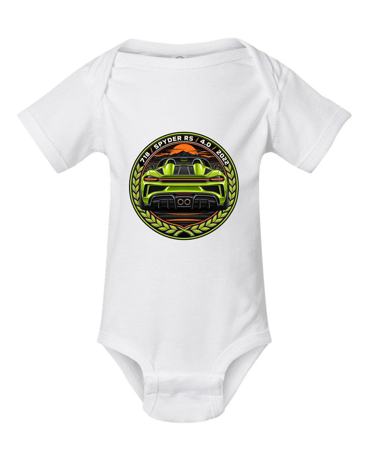 Round crest design for the Porsche 718 Spyder RS with 4.0 and 2022 lettering white baby onesie front view with the design