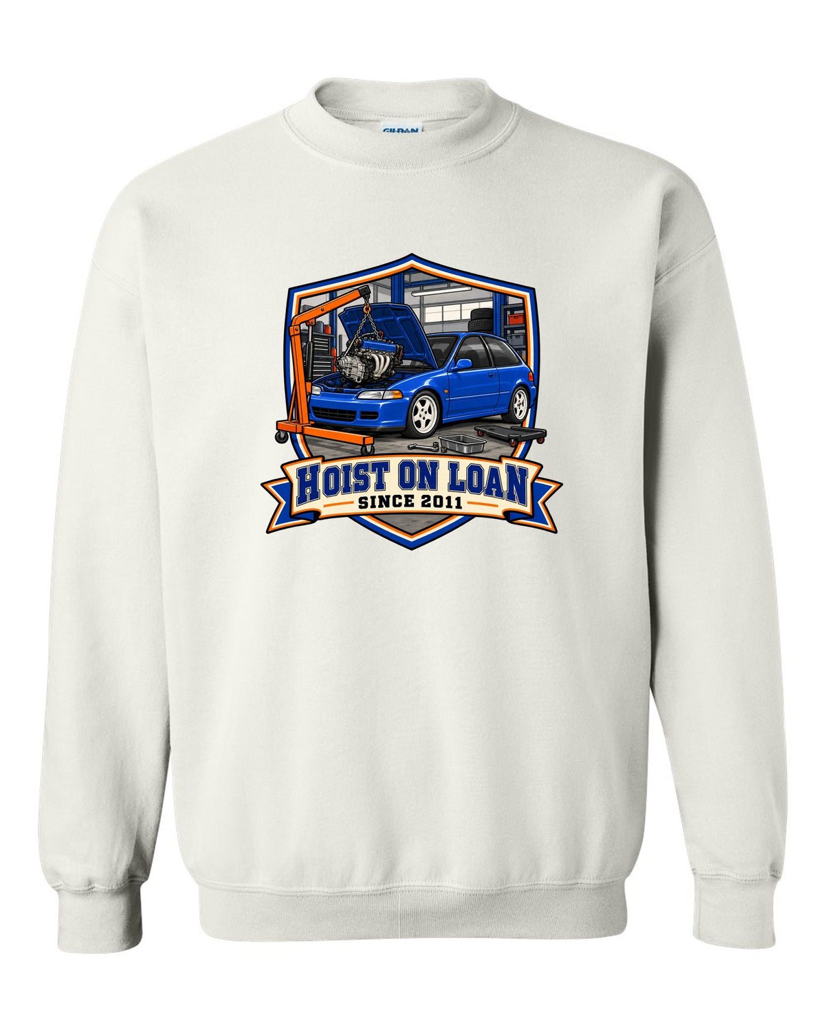 Embroidery patch style print of a 1992 Honda Civic EG6 ch with hoist on loan since 2011 text white crewneck front view with the design