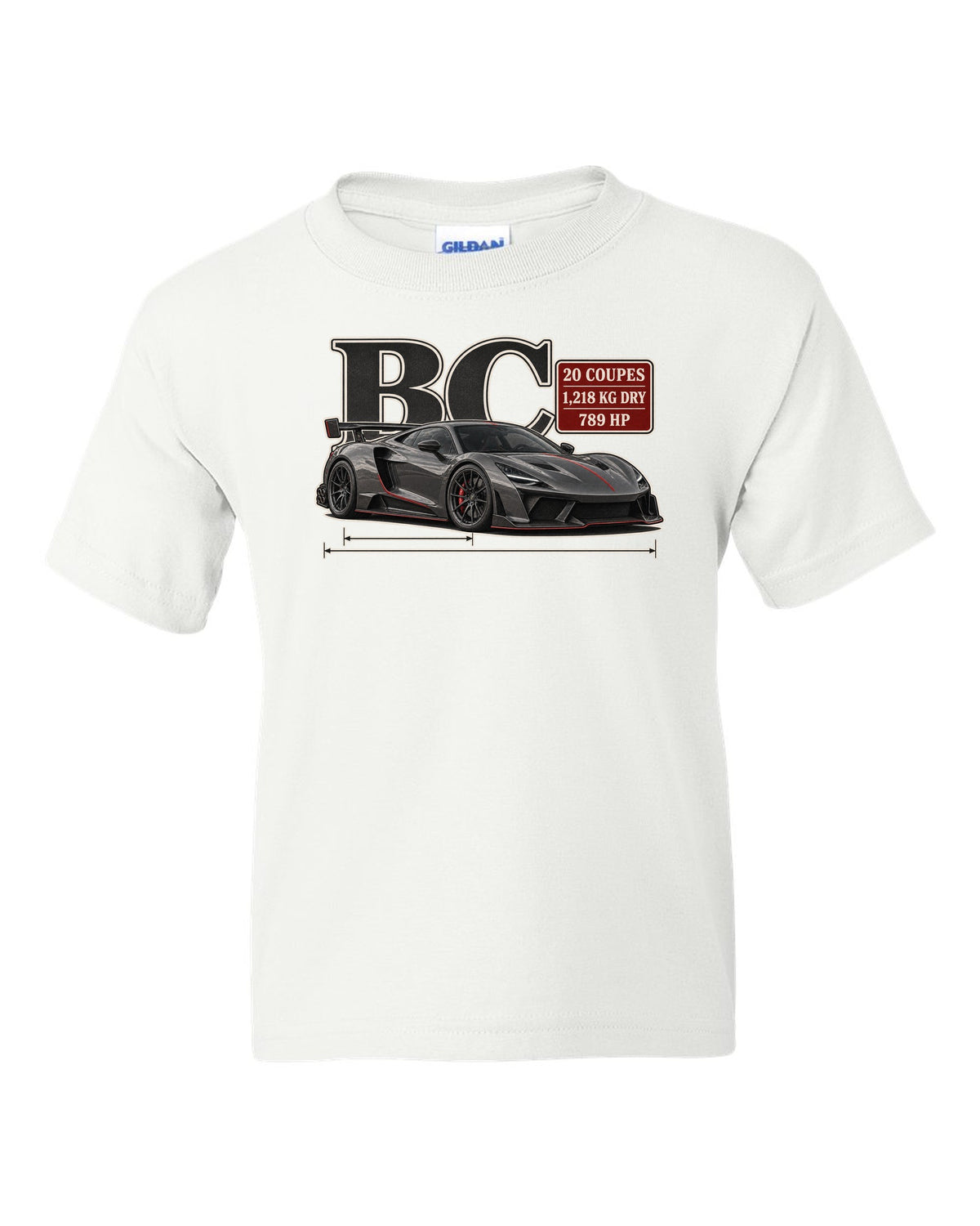 Archive panel print of the Pagani Huayra BC with the text BC, 20 coupes, 1,218 kg dry, 789 hp white kids tee front view with the design