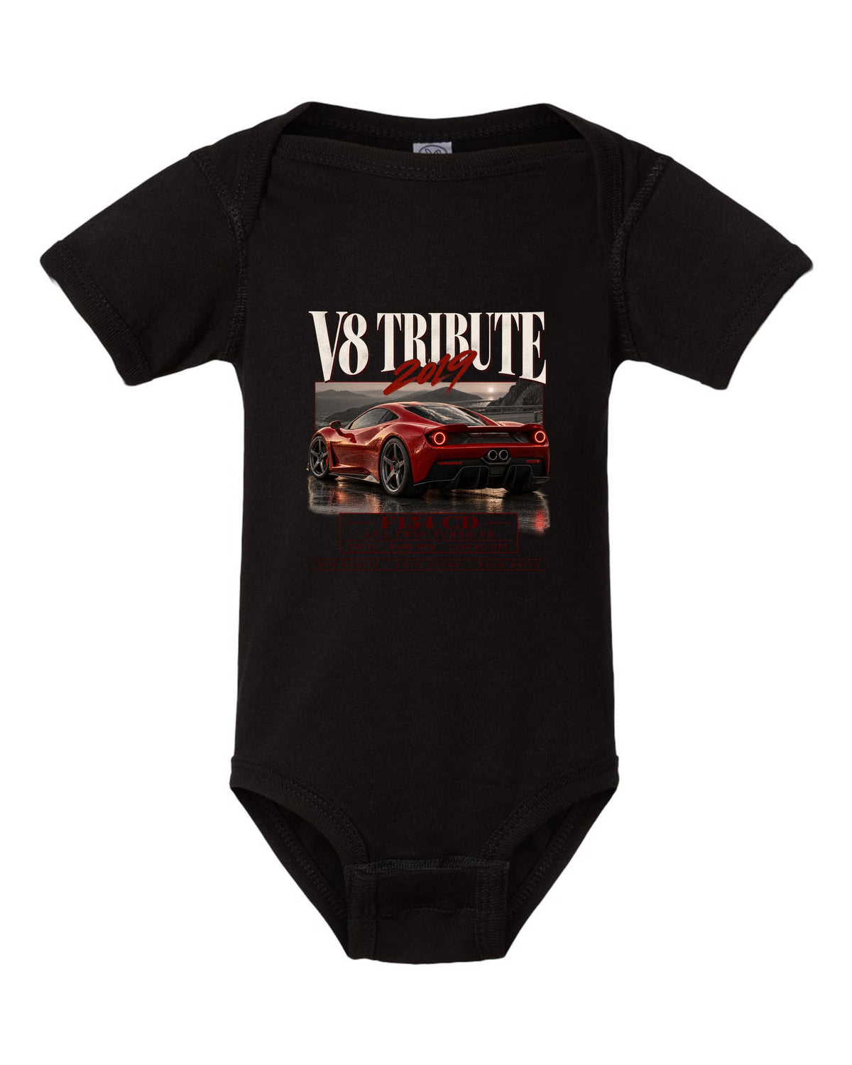 Archive panel print of a Ferrari F8 Tributo listing 3.9 L twin-turbo V8, 720 PS and 1,330 kg dry black baby onesie front view with the design