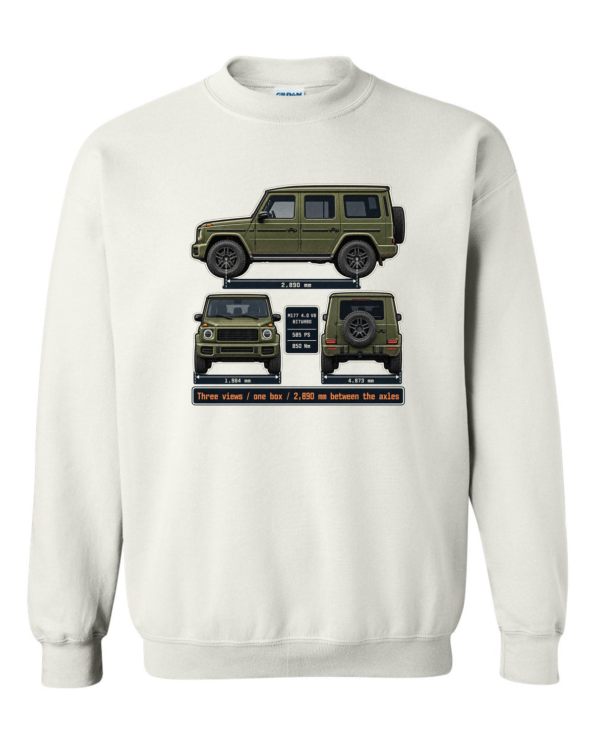 Three-view dossier print of a Mercedes-AMG G63 W463A white crewneck front view with the design