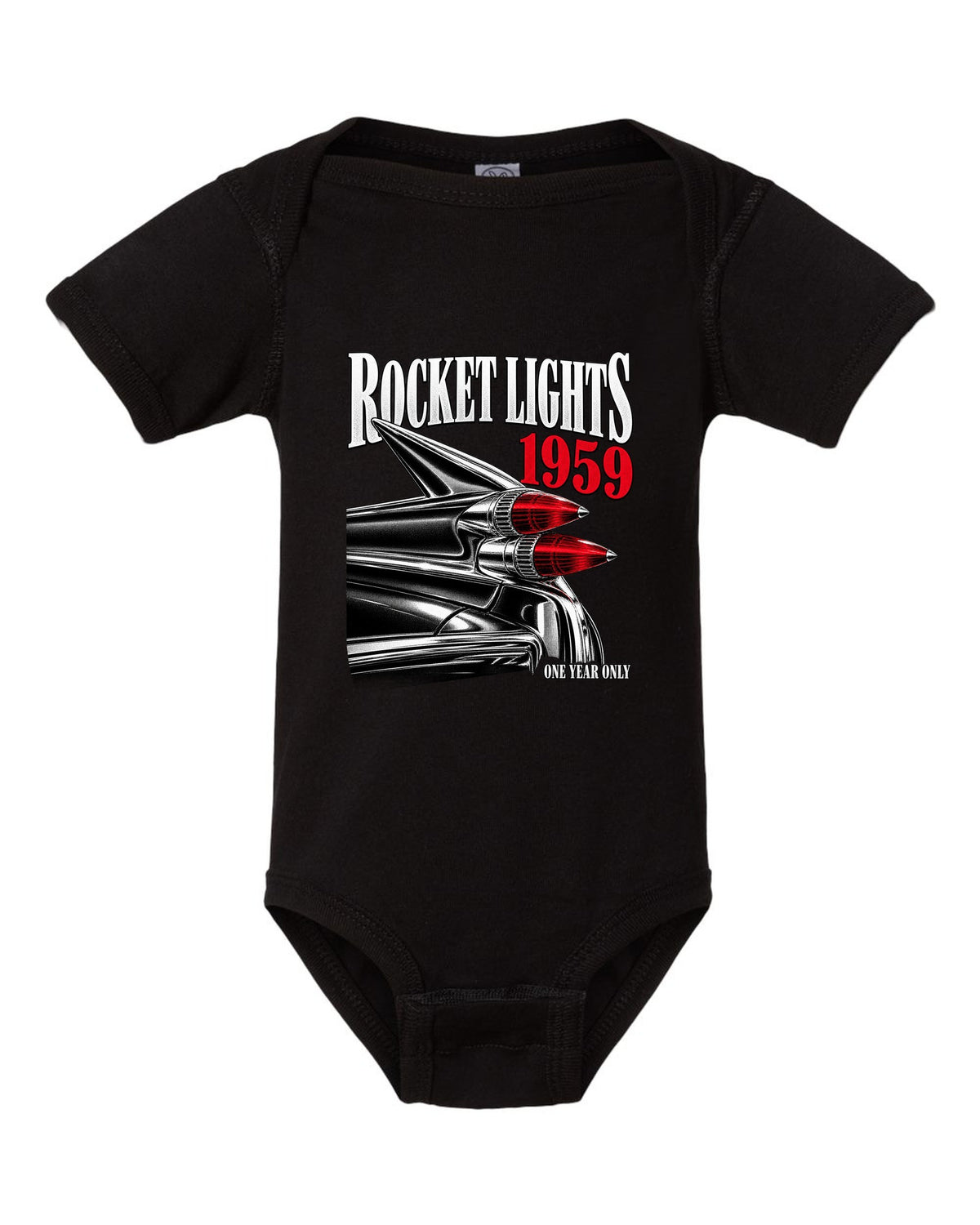 print macro of the rocket taillights on a 1959 Cadillac Series 62 Coupe de Ville black baby onesie front view with the design