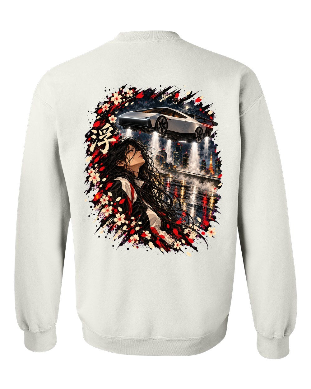 Tesla Roadster Hover Anime Girl Crewneck White back