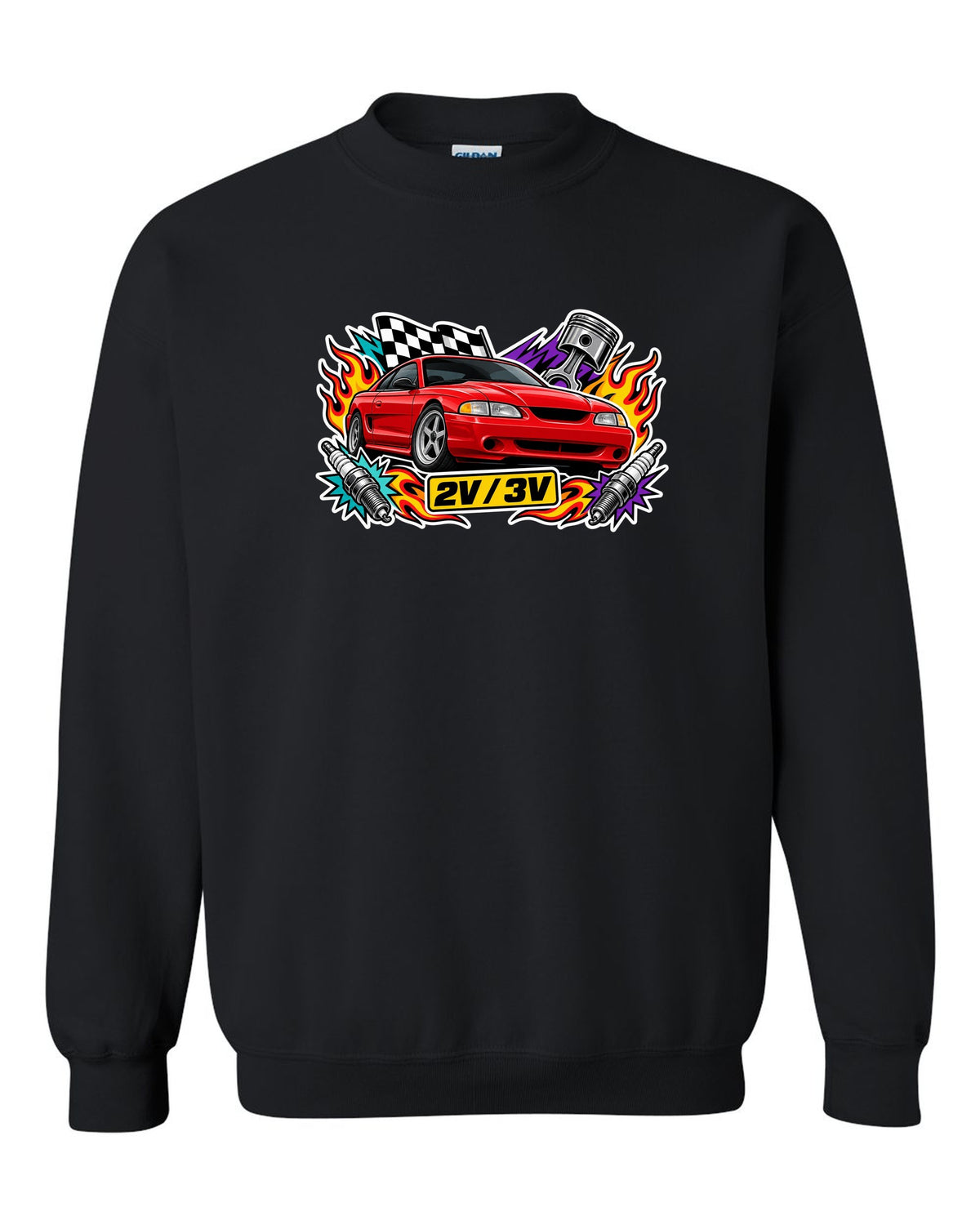 Sticker bomb collage of a 1994-98 SN95 Ford Mustang coupe with 2V 3V text black crewneck front view with the design
