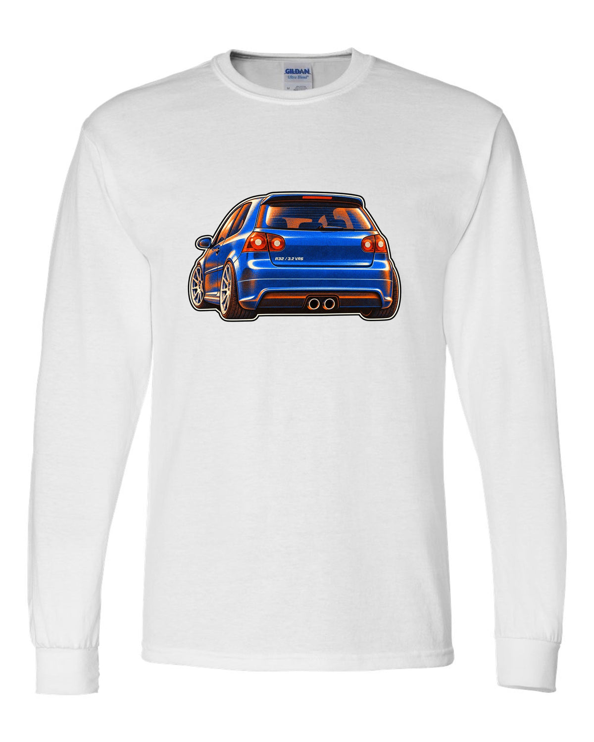 Risograph style print of a VW Golf R32 Mk5 with twin exhaust pipes and 3.2 VR6 text white long sleeve front view with the design