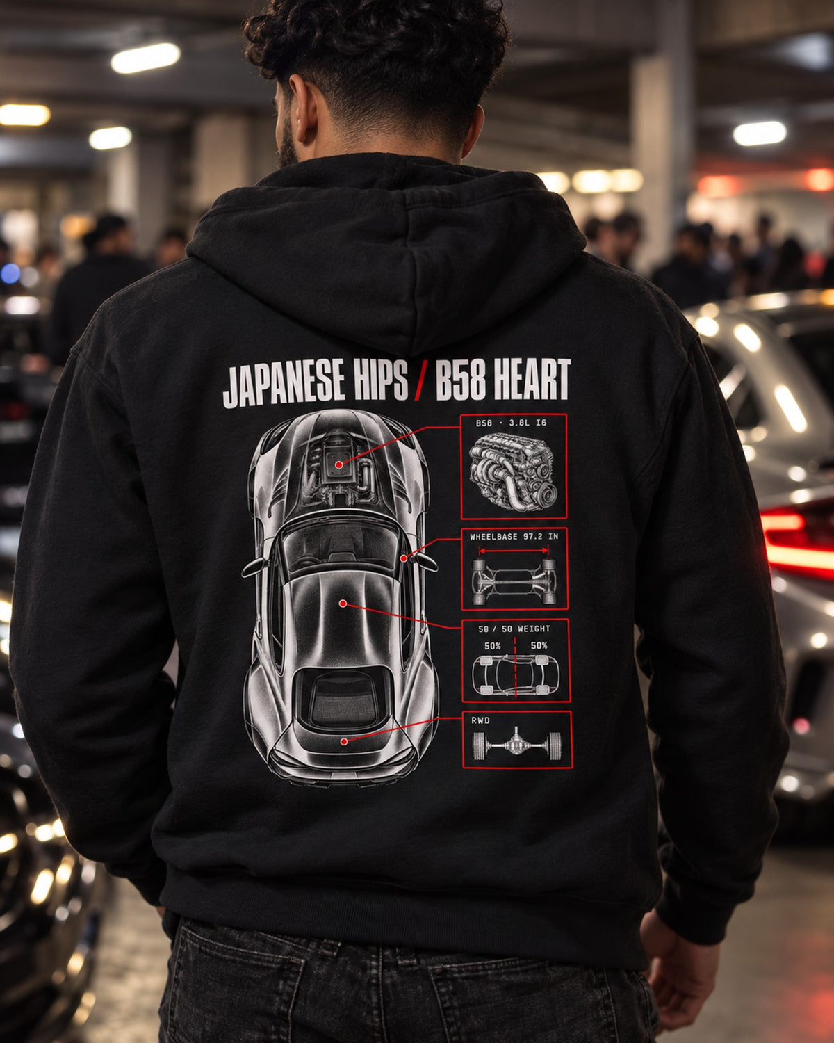 Toyota GR Supra A90 Spec Poster Shirt, B58 Heart Zip Hoodie Black worn hero