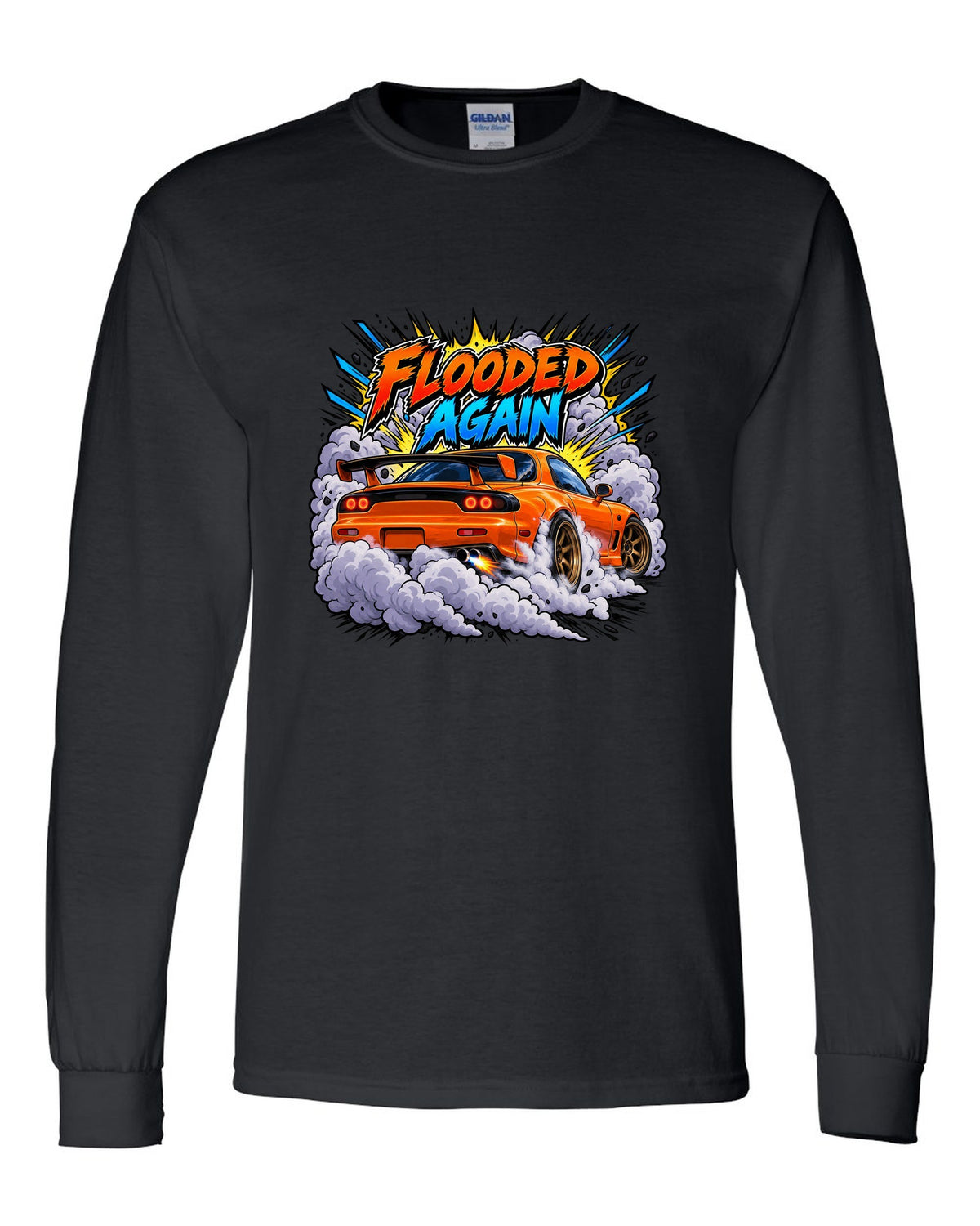 Comic-style Mazda RX-7 FD3S burnout with speed lines and smoke black long sleeve front view with the design