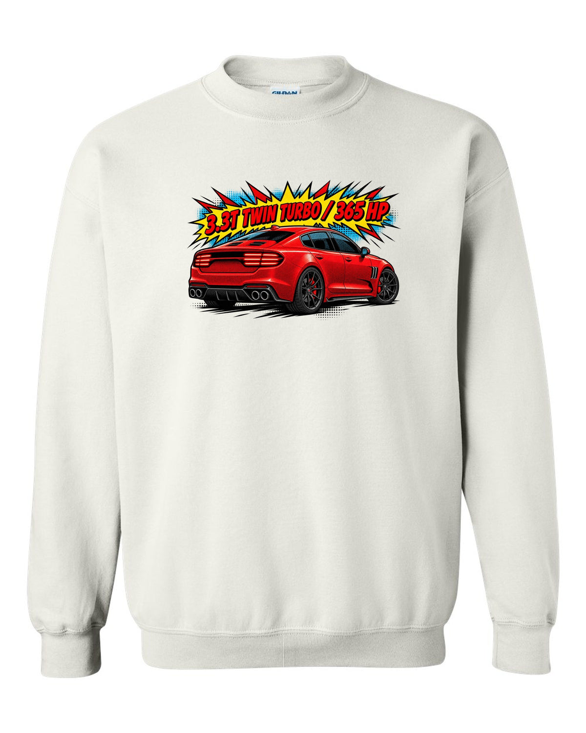 Comic halftone print of a Kia Stinger GT CK rear with 3.3T twin turbo 365 HP text white crewneck front view with the design