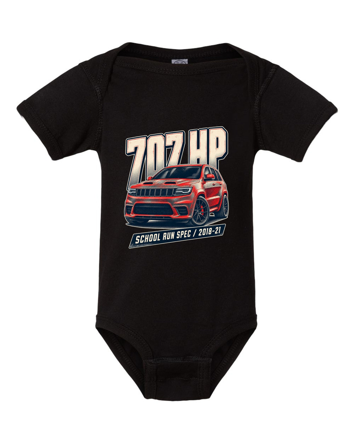 Halftone print of the Jeep Grand Cherokee Trackhawk WK2 with 707 HP lettering black baby onesie front view with the design
